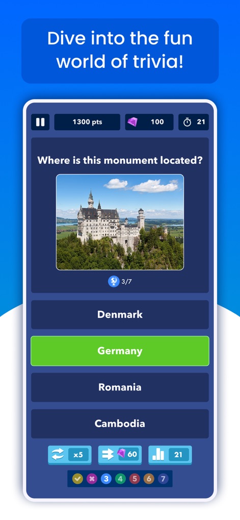 Trivia Quiz Knowledge - Die App präsentiert Bildfragen, bei denen Nutzer die richtige Antwort aus mehreren Optionen wählen und die hervorgehobene richtige Antwort sehen können.