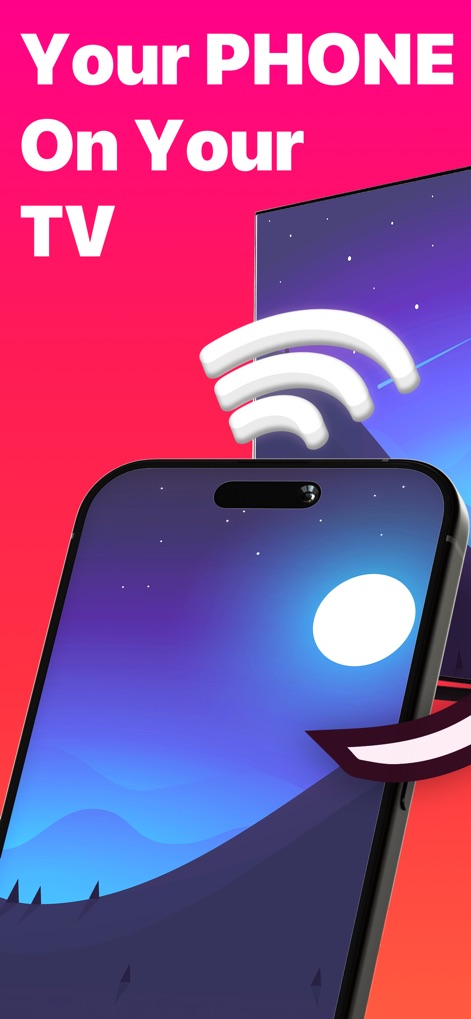 Replica・Screen Mirroring・Cast - See how the app seamlessly connects an iPhone screen to a larger TV display, utilizing the strong signal indicator for reliable mirroring.