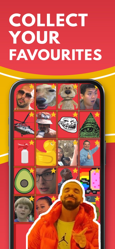 Meme Soundboard 2026 Ultimate - Users can effortlessly favorite beloved sounds with a simple tap, marked by a star icon on each meme button, allowing for quick recall of top-tier reactions like the Drake meme.
