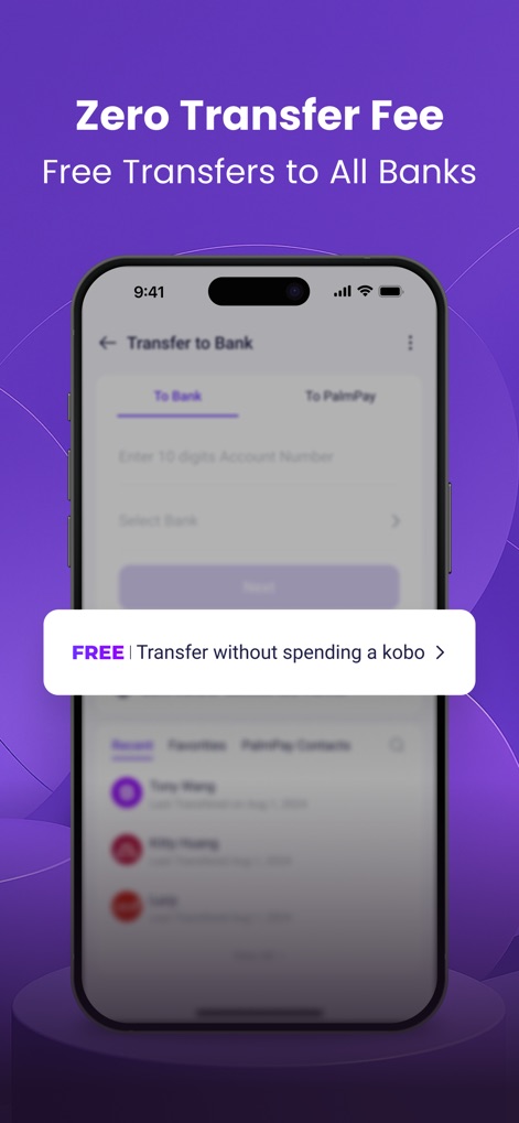 PalmPay - Transfers, Bills - The app demonstrates its commitment to cost-free banking, highlighting the "Transfer to Bank" option and the clear "FREE | Transfer without spending a kobo" message.