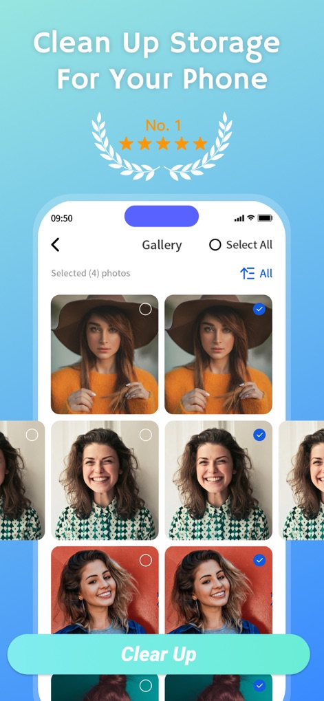 Clean up: AI Storage Cleaner - Cette interface intuitive permet de visualiser et de sélectionner facilement les photos à supprimer, offrant une sélection multiple pour optimiser l'espace de la galerie.