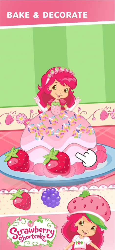 Budge World: Learning & Fun - Children can explore their creativity by decorating a cake with colorful sprinkles and choosing from various fruit toppings like strawberries, guided by Strawberry Shortcake.