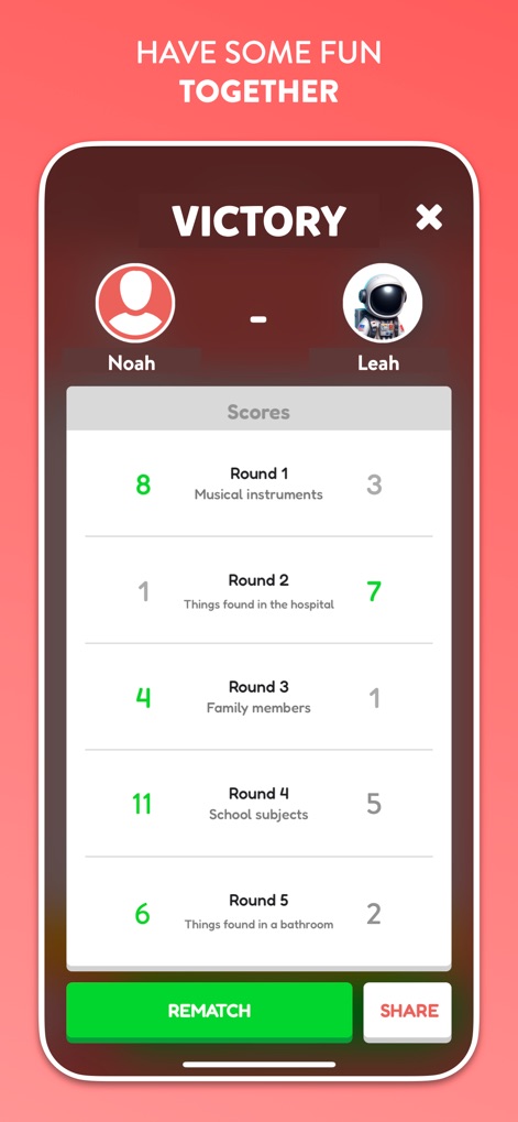 QuizUp - The Game - Analyze the post-game 'VICTORY' screen, detailing individual 'Scores' across multiple rounds like 'Musical instruments' and 'School subjects', with options to 'Rematch' or 'Share' results.