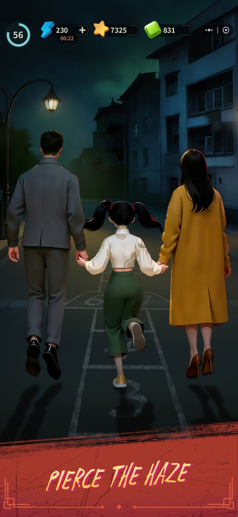 Haunted Merge: Horror Story - This scene showcases the emotional depth of the app's storytelling, highlighting the central character's journey with her family and the persistent resource indicators at the screen's top.