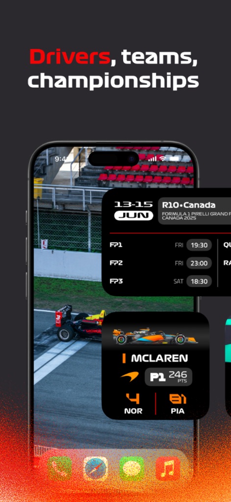 Racify - This tool provides comprehensive team data, as seen in the McLaren widget, and upcoming race schedules, such as the Canada Grand Prix, all visible on the home screen.