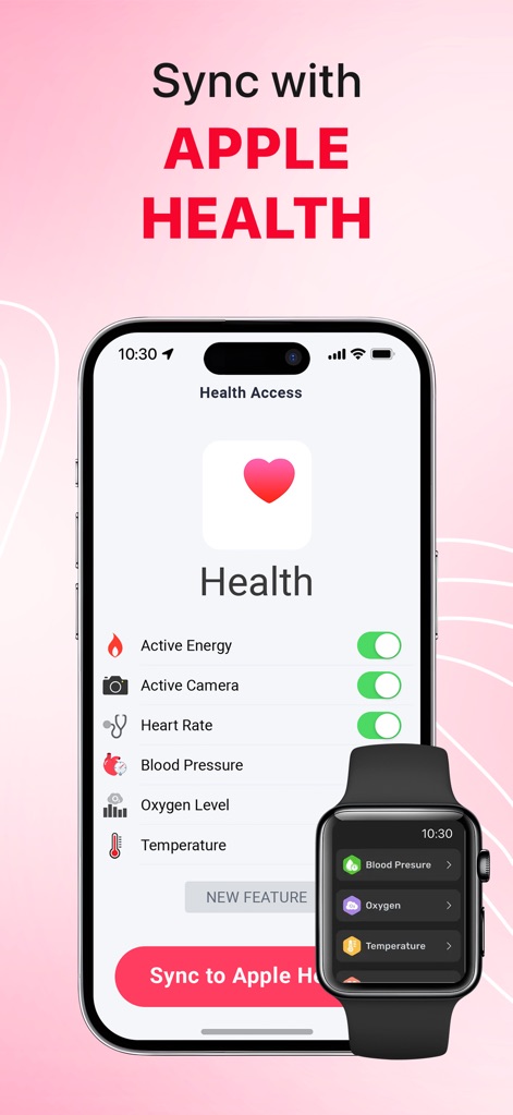 iCardiac: Heart Rate & Health - L'app consente una sincronizzazione fluida con Apple Health, mostrando opzioni come "Heart Rate" e "Blood Pressure" che possono essere attivate per un trasferimento dati completo.