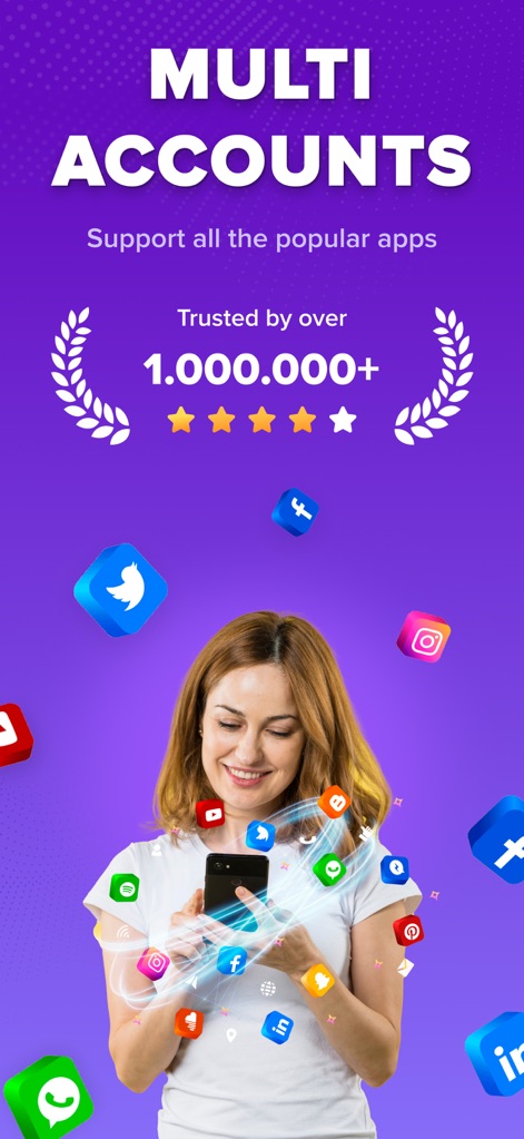 Parallel Space Dual Account - L'application permet de gérer facilement plusieurs comptes d'applications populaires, comme WhatsApp et Facebook, et met en avant la preuve sociale avec son badge "plus d'un million d'utilisateurs".