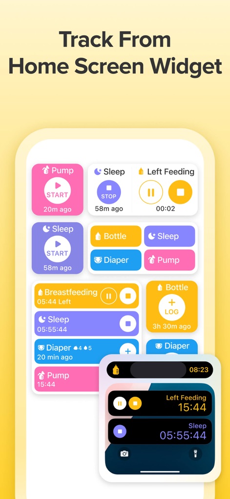 Glow Baby Tracker & Growth App - Users can seamlessly log activities directly from their home screen using dynamic widgets, such as the dedicated 'Sleep' tracker and the quick-access 'Bottle' logging button.