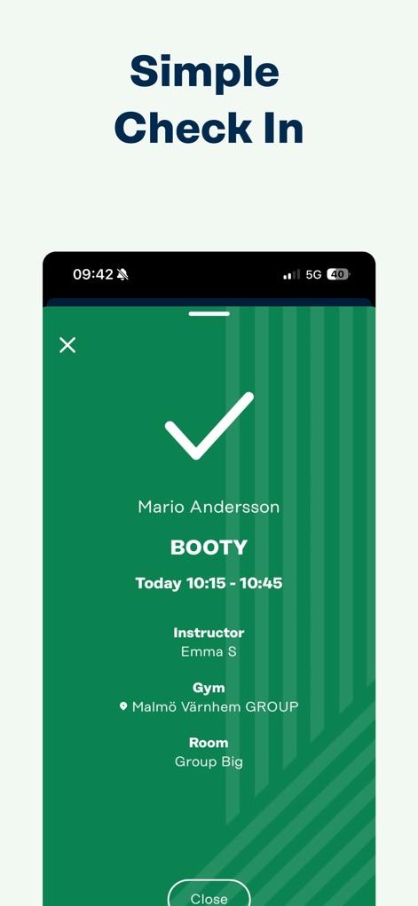 Fitness24Seven - Tras el registro, esta pantalla muestra una confirmación visual con un gran tick verde y los detalles de la clase, como 'BOOTY', y el nombre del usuario 'Mario Andersson'.