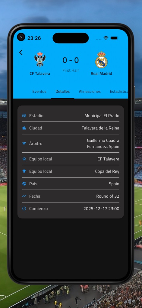 Futbol Argentina - EN VIVO - Access essential match data like the "Estadio" (stadium) location and the "Árbitro" (referee) details for any fixture.