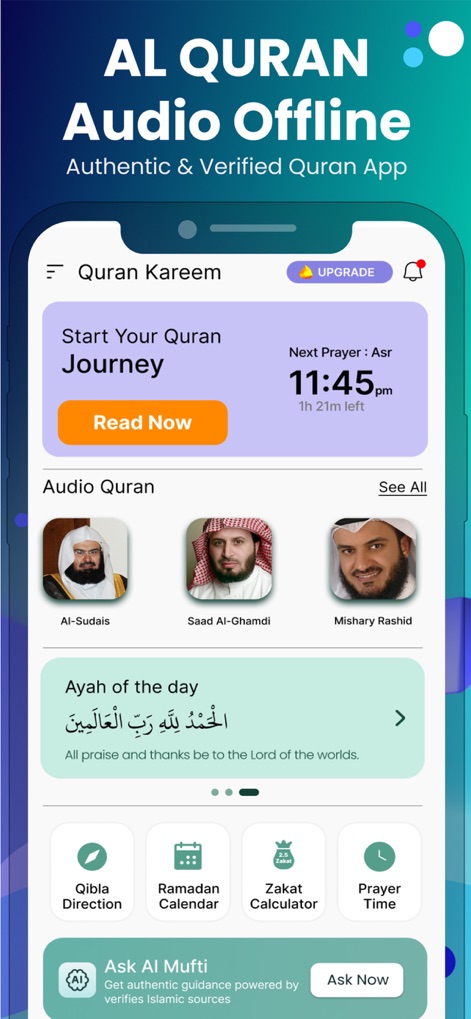 AL Quran MP3 Audio Offline - La aplicación presenta un panel de inicio intuitivo, donde los usuarios encuentran la 'Ayah of the day' y el 'próximo tiempo de oración' para una experiencia espiritual diaria.