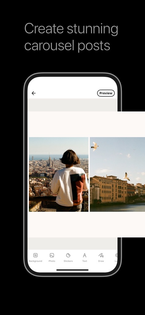 Panorama Scroll Carousel Maker - This tool showcases its intuitive editing interface, featuring easy access to background adjustments and photo manipulation options.
