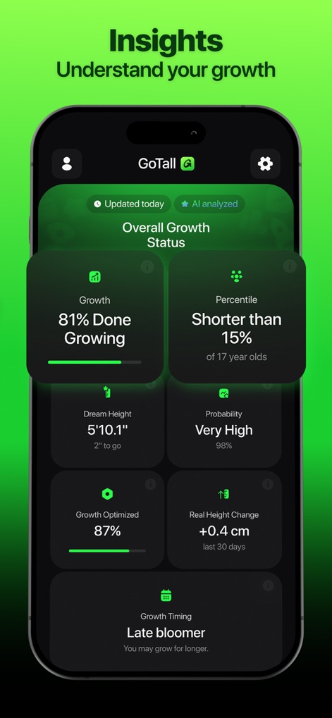 GoTall - Height Predictor - Gain a deep understanding of growth with metrics like "Growth % Done" and "Real Height Change," alongside a personal Growth Timing assessment.