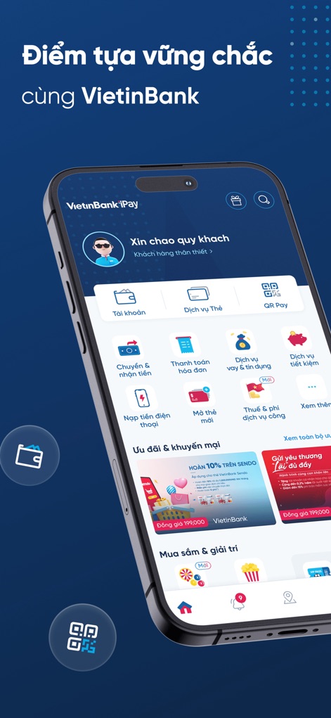 VietinBank iPay - L'application présente un tableau de bord intuitif pour une gestion bancaire fluide, intégrant l'accès rapide aux services essentiels et une section dédiée aux "Uu dai & khuyen mai" (offres et promotions) pour le shopping et le divertissement.