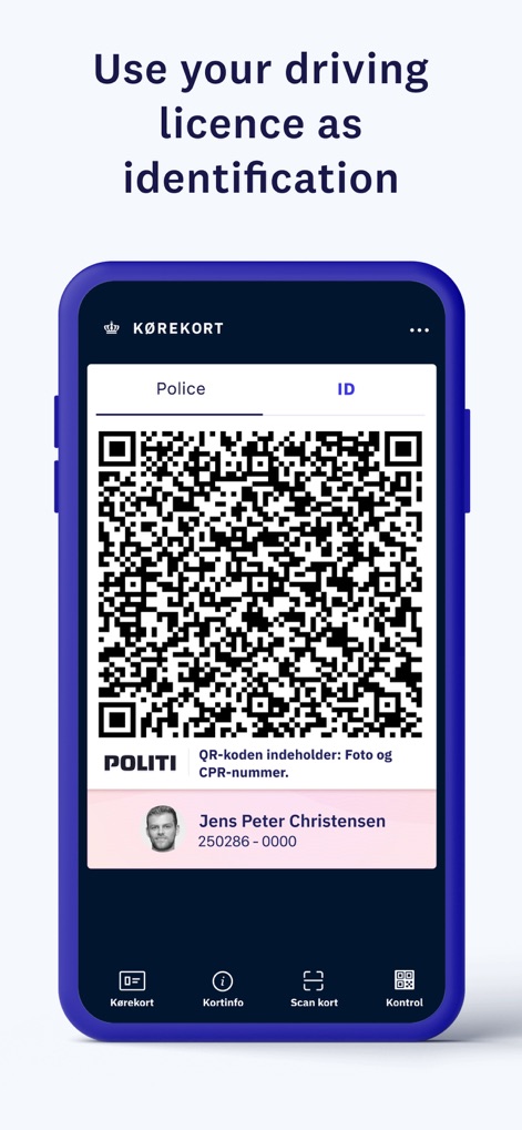 Kørekort - This feature provides robust identification capabilities, featuring a dynamic QR code for swift scanning and clearly displaying the user's photo and name for verification.