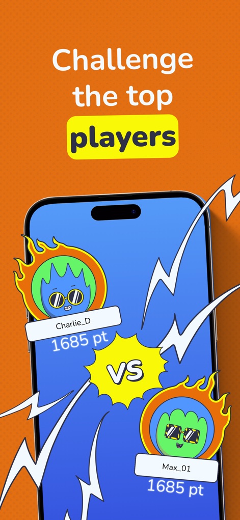 Mukiz - Guess the song - Esta imagem ilustra o modo competitivo onde os usuários podem "desafiar os melhores jogadores", com placares individuais como "1685 pt" exibidos para cada participante.