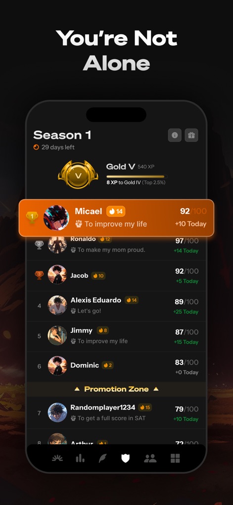 Life Reset: 66 Day Habit - Discover the app's social dimension through a "Season 1" leaderboard, displaying user ranks like "Gold V" and their daily progress scores.