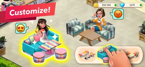 My Cafe — Restaurant Game - The app demonstrates comprehensive customization tools for cafe furniture, allowing users to choose diverse sofa designs and rearrange seating arrangements to fit their vision.