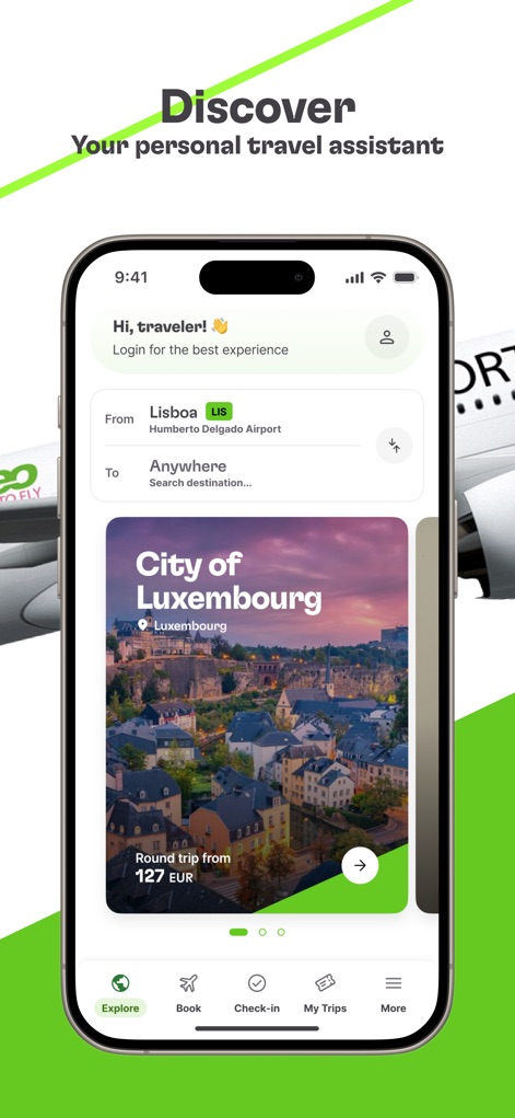 TAP Air Portugal - The app offers personalized greetings like 'Hi, traveler!' and intuitive flight search fields to discover destinations, such as 'City of Luxembourg'.