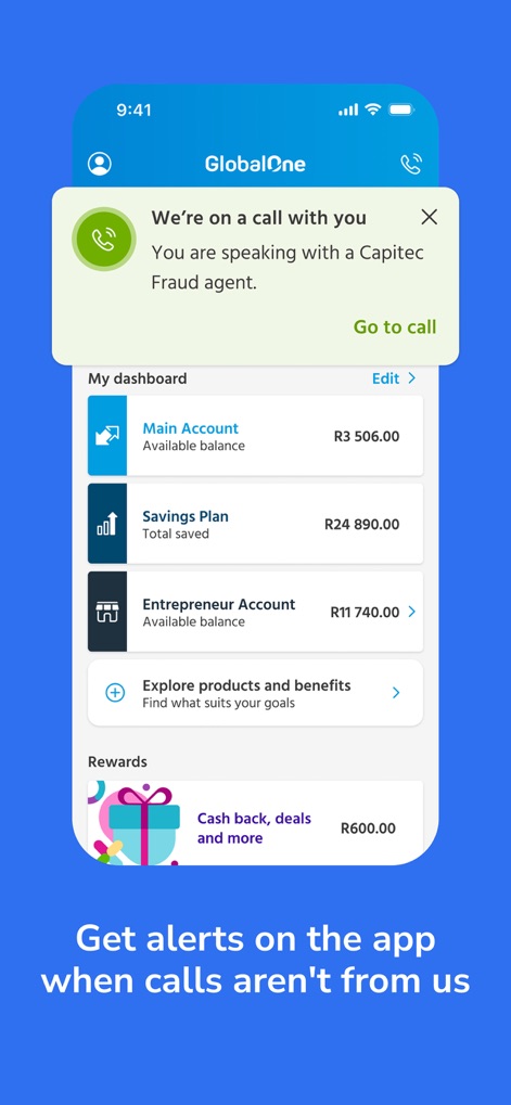 Capitec Bank - The app enhances security through in-app call verification, immediately notifying users when speaking with a verified Capitec fraud agent.
