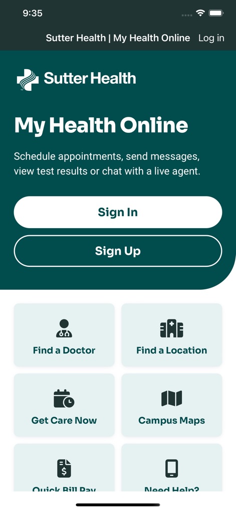 Sutter Health My Health Online - Users can quickly sign in or sign up, and access essential services like finding a doctor and managing bills directly from the home screen.