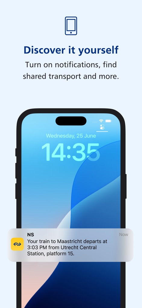 NS Travel Planner - Users receive crucial real-time travel alerts via lock screen notifications, detailing specific journey updates such as train departure times and platform numbers.