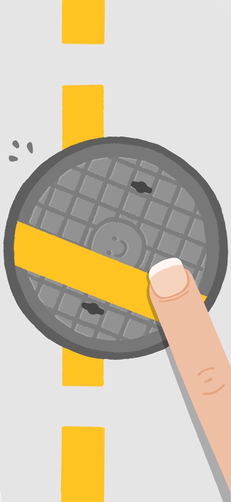 Satisgame - Os usuários podem arrastar a tampa de bueiro para alinhar a linha amarela, demonstrando a interatividade tátil e a representação detalhada da textura da tampa.