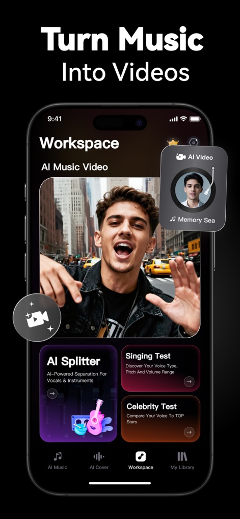 VocalMe Music: AI Cover Songs - The Workspace empowers users with powerful tools like the AI Splitter for isolating vocals and instruments, alongside engaging Singing and Celebrity Test features.