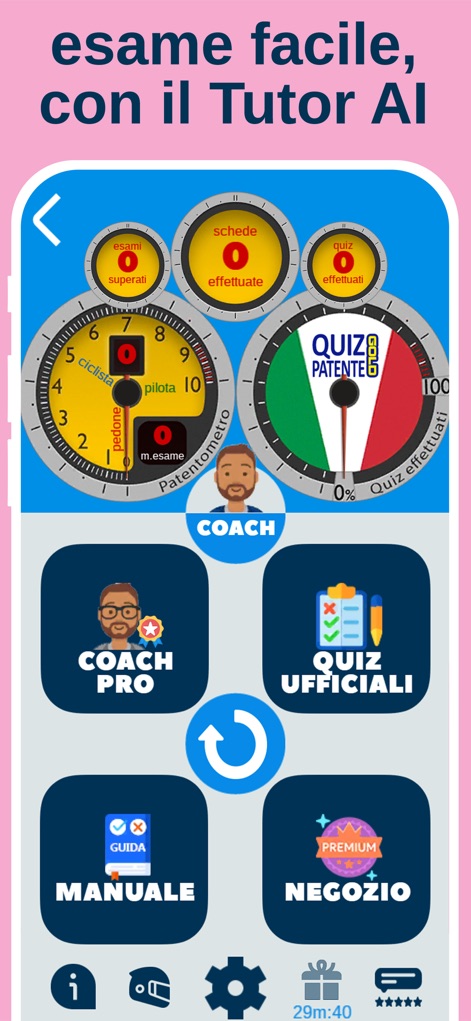 Italian Driving Quiz – Drivoo - 이 앱은 진행률을 시각적으로 보여주는 게이지와 맞춤형 지도를 제공하는 'AI Tutor' 섹션을 통해 사용자의 효율적인 학습을 지원합니다.