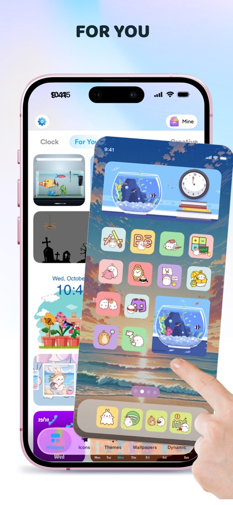 Color Widgets - Aesthetic Icon - Discover the "For You" section, offering curated theme suggestions and diverse widget previews to easily personalize phone aesthetics.