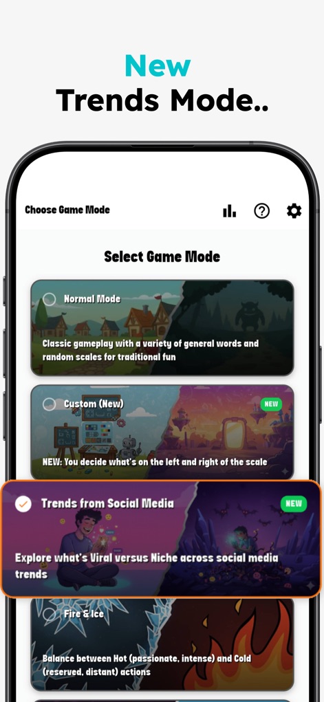 Perfect Match: Headsynch - Discover various ways to play, including the innovative "Trends from Social Media" mode and multiple selectable game mode cards.