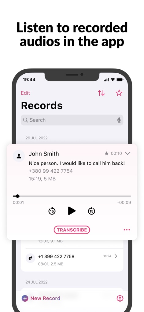 Call Recorder - Cube ACR - Enjoy seamless playback of recorded audios directly within the app, featuring a clear progress bar and a quick "Transcribe" button.