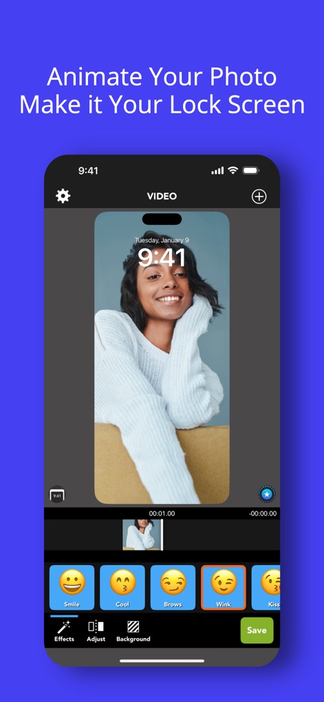 Video Wallpaper · Lock Screen - Los usuarios pueden animar sus fotos para la pantalla de bloqueo, seleccionando efectos expresivos con emojis y ajustando el tamaño y la posición del video.