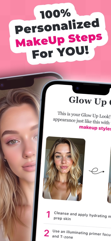 Glamour:Color Analysis&Glow Up - この画像は、ユーザーにパーソナライズされたメイクアップ手順を提供する機能を示しています。完成した「Glow Up Look」のビフォーアフター画像と、ステップ1「Cleanse and apply hydrating...」から始まる具体的なメイクアップガイドが提示され、ユーザーは段階的に美しさを追求できます。