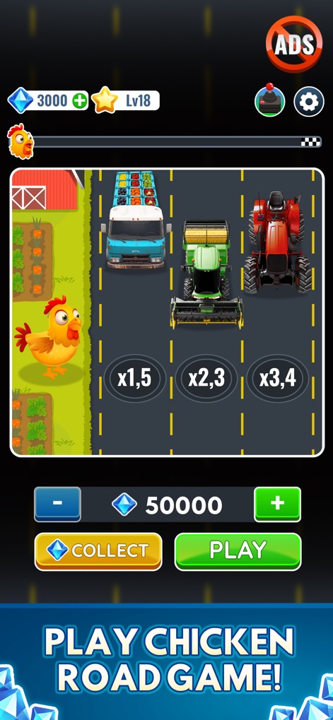 Chicken Cross 2 - Chicken Road - La aplicación presenta una interfaz clara con indicadores de multiplicador (x1.5, x2.3) y una variedad de vehículos pesados en la carretera, desafiando al usuario a la evasión.
