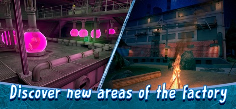 Ice Scream 8: Horror Games - Discover both the eerie, glowing laboratory sections of the factory's interior and the more open, outdoor areas complete with a crackling campfire.
