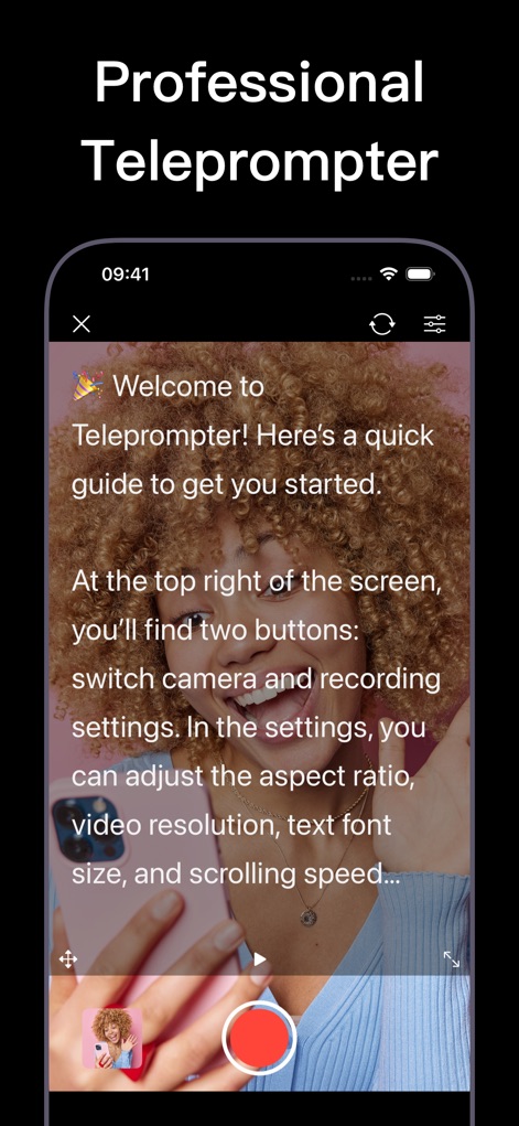Teleprompter App for Video - Explore the professional teleprompter interface, showcasing the live camera feed and adjustable text display for seamless recording.