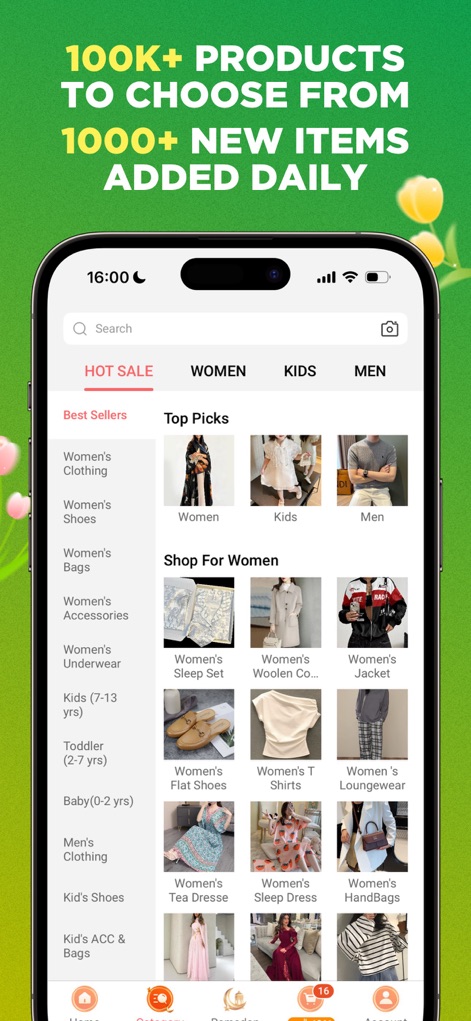 Chicpoint - Fashion shopping - L'app vanta una vasta offerta con '100K+ PRODUCTS' disponibili, presentati attraverso una chiara categorizzazione laterale che include 'Women's Clothing' e 'Kids', facilitando la navigazione.