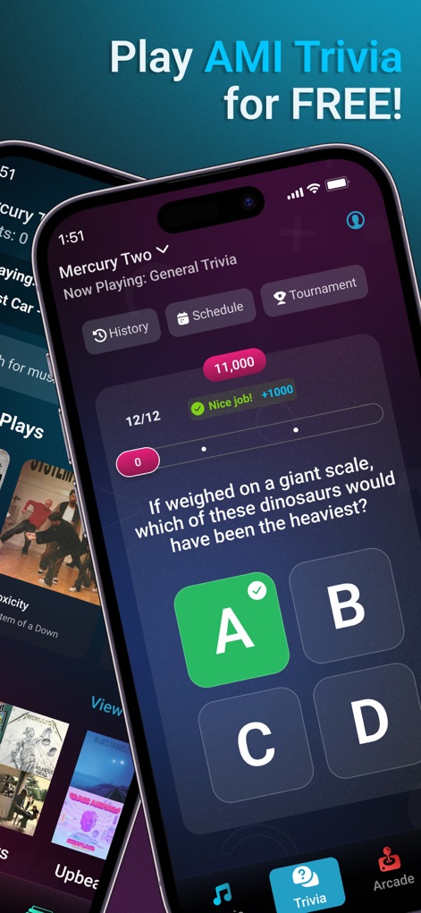 AMI Play - Users can test their knowledge through engaging trivia questions and select answers directly within the app's intuitive interface.