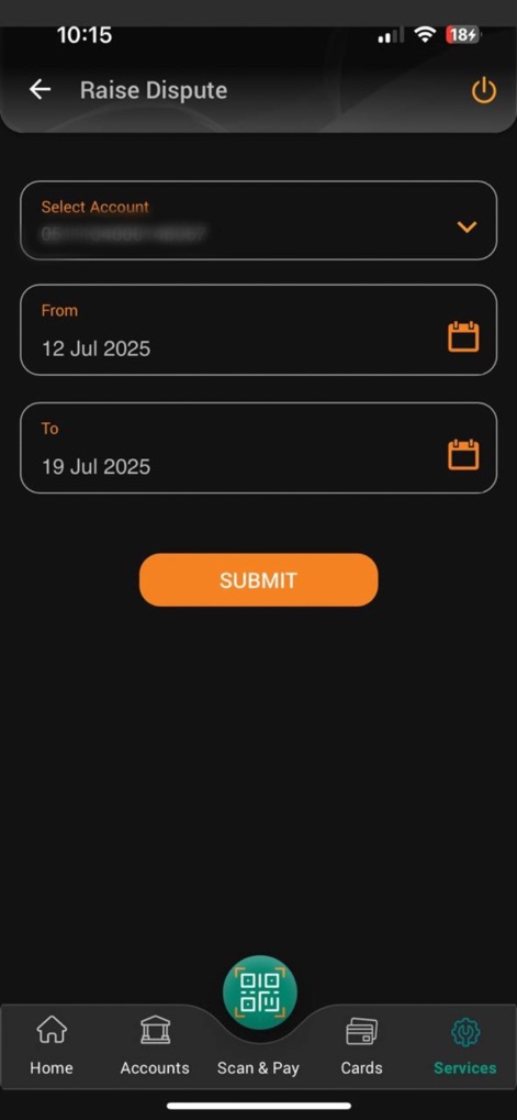 IDBI Bank GO Mobile+ - Users can effortlessly initiate a transaction dispute, specifying the "Account" in question and defining the period with "From" and "To" date selectors.