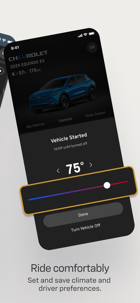 myChevrolet - This feature allows users to set their preferred cabin temperature using an intuitive slider and confirms the 'Vehicle Started' status.