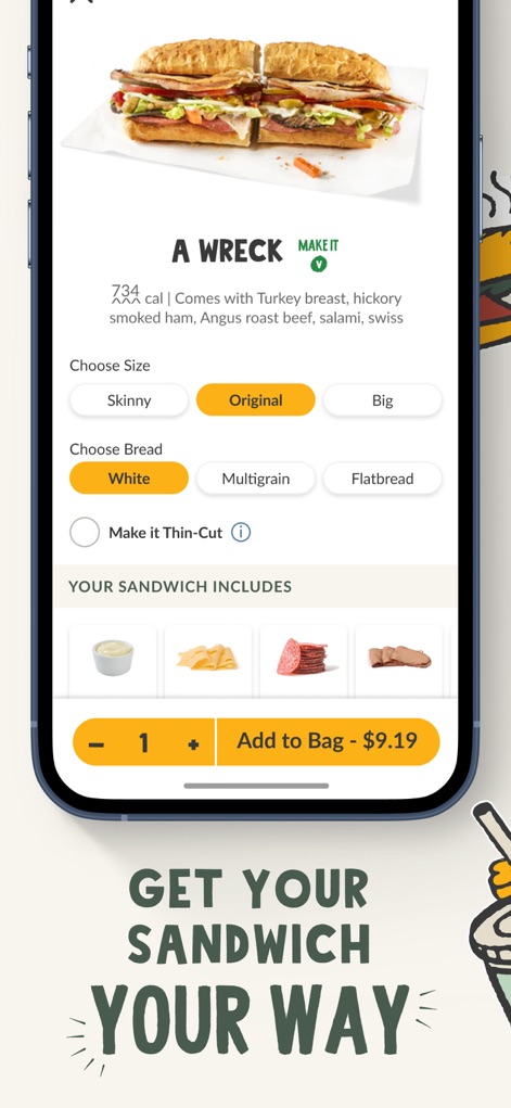 Potbelly Sandwich Works - This screen enables detailed customization, allowing users to choose their preferred 'Size' like 'Original' or 'Big', and select their 'Bread' type from options like 'White' or 'Multigrain'.