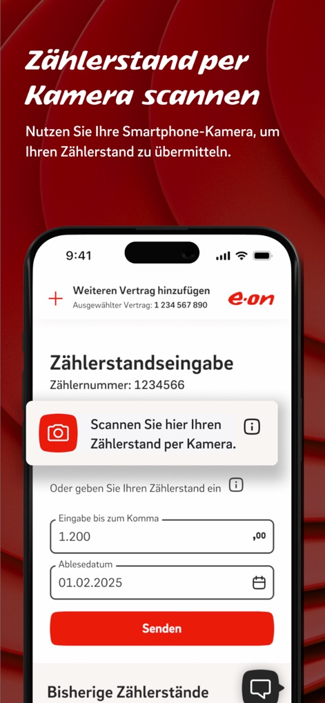 Mein E.ON - This tool simplifies meter reading submission by allowing users to scan their meter via a camera icon, with intuitive input fields for the meter number ('Zählernummer') and the actual reading ('Eingabe bis zum Komma').