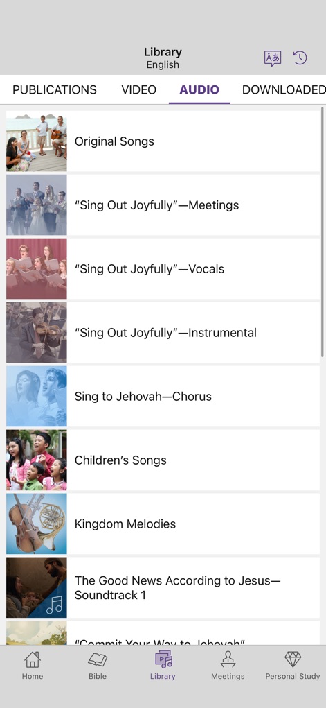JW Library - Dive into a comprehensive audio collection, featuring "Original Songs" and various "Sing Out Joyfully" renditions, designed for spiritual enrichment through music and spoken word.