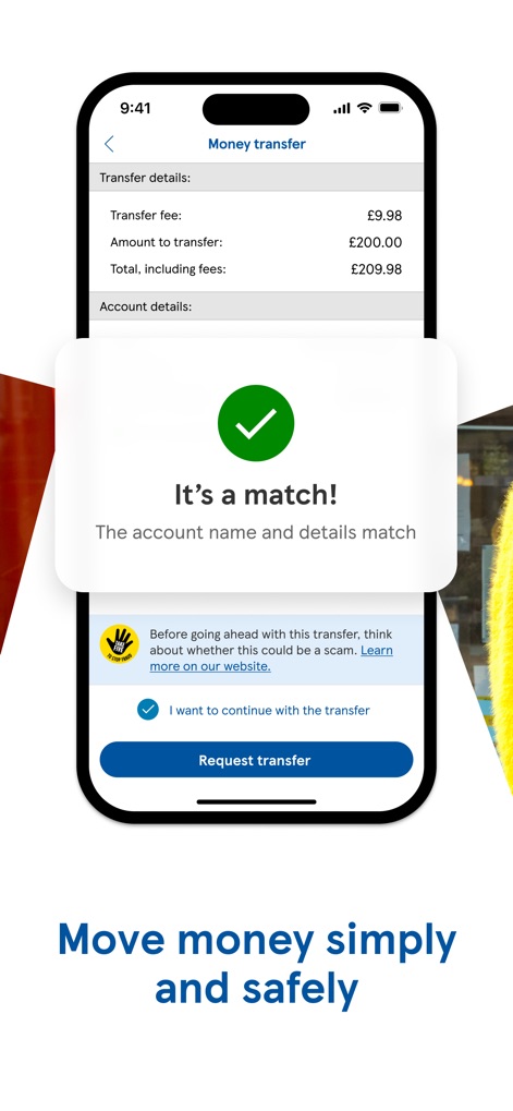 Tesco Bank and Clubcard Pay+ - La aplicación facilita las transferencias con una confirmación de 'It's a match!' para verificar los detalles del beneficiario y una advertencia sobre posibles estafas para mayor seguridad.
