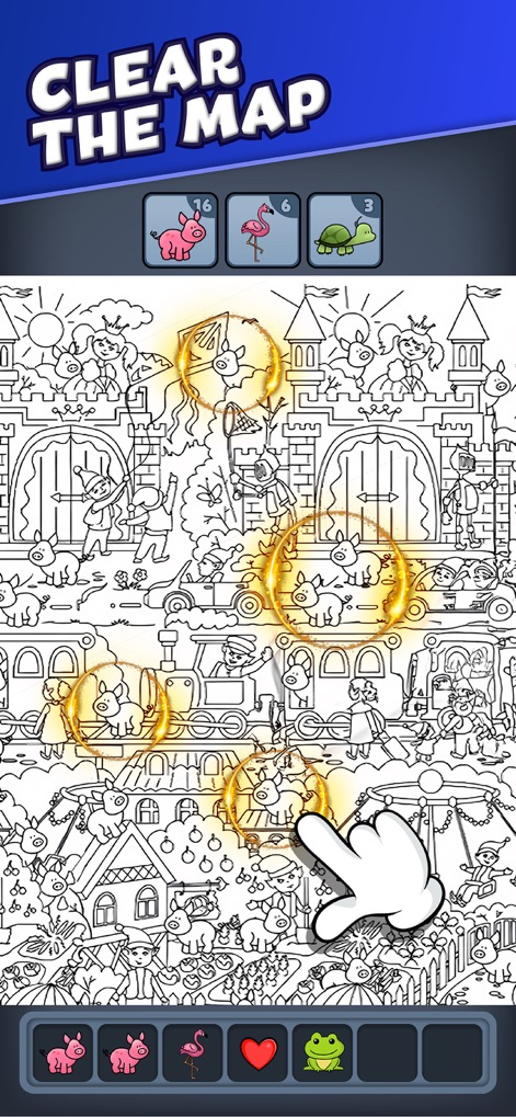 Triple Match City - See how users clear the map by tapping to collect pig icons, which are circled with glowing rings, against the intricate backdrop of a bustling castle scene.