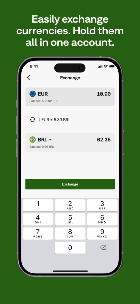 Neteller - Money Transfer - L'interface d'échange simplifie la conversion de devises, montrant le solde actuel en EUR et le montant résultant en BRL, avec un clavier numérique intuitif pour la saisie.