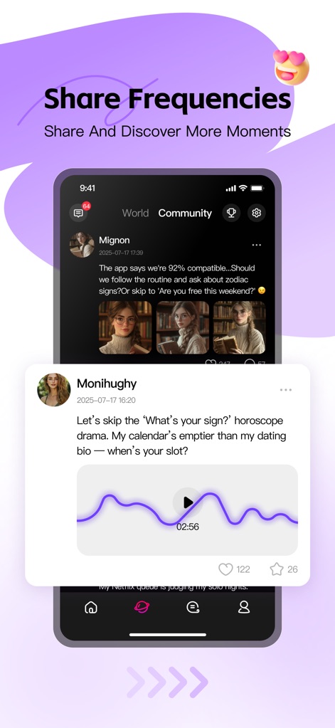 Love Spouse-Remote Connection - Explore the dynamic 'Community' feed where users share moments, featuring visual posts with images and an interactive audio waveform display for content engagement.