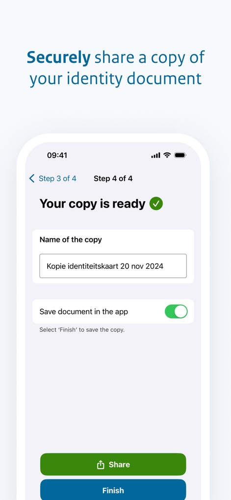KopieID - The final screen offers comprehensive options for managing the secure copy, including naming the document and choosing between "Share" or "Save document in the app."