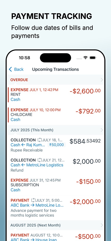 Account Book - Money Manager - The app ensures no payment is missed by providing a detailed list of upcoming transactions and clear categorization of overdue payments.